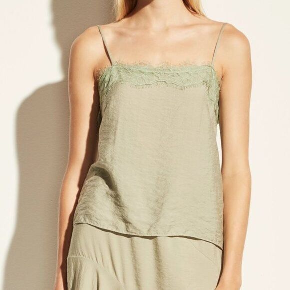 VINCE Lace Trim Cami Jade Hammered Satin Twill Square Neck Camisole Eyelash NWT - Picture 2 of 8